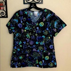 SB scrubs cotton black flower vneck top size small